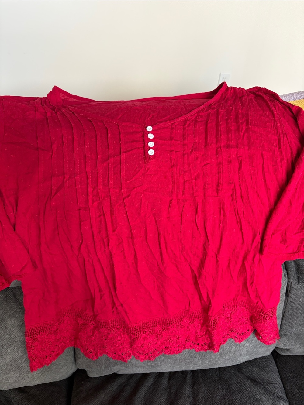 Women's Red Lace-Hem Pintuck Blouse